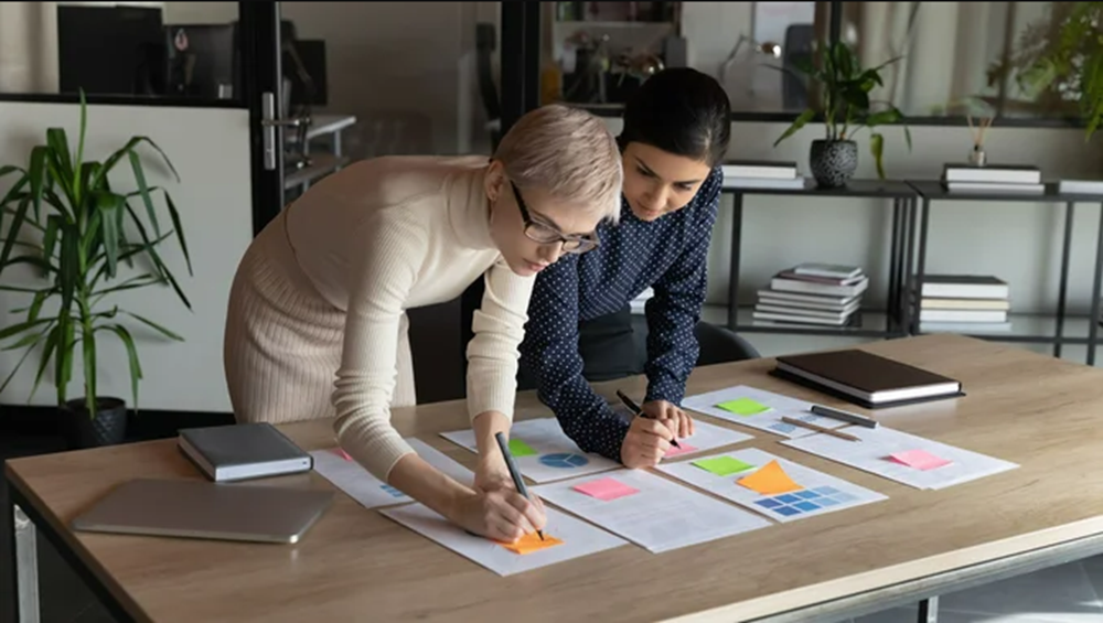 Co-workers creating a business bucket list.