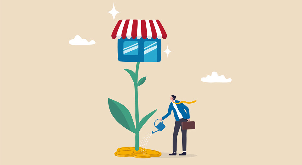 Small business owner watering his business to grow like a plant.