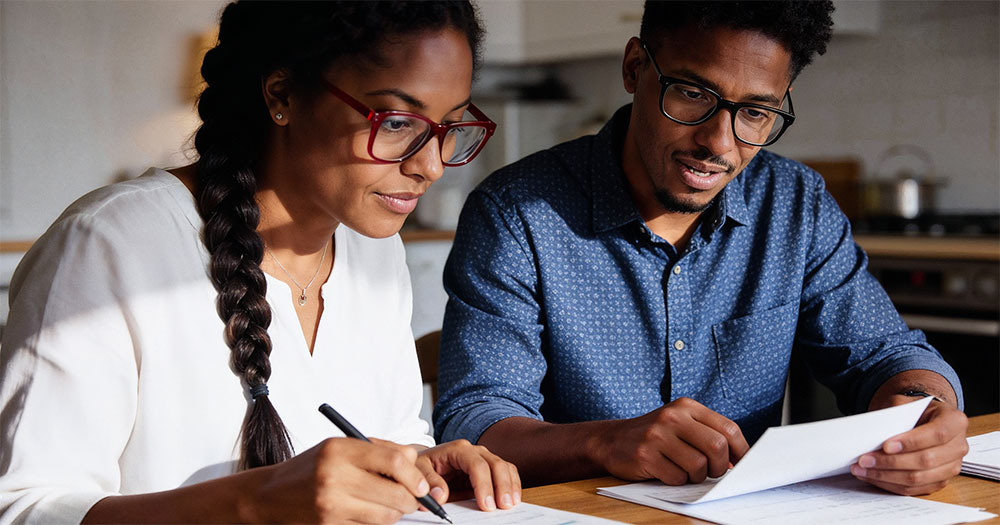 Woman and man at table signing documents