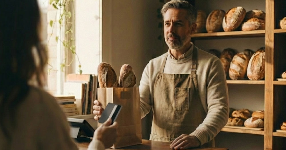 Man accepting payment for bread at shop