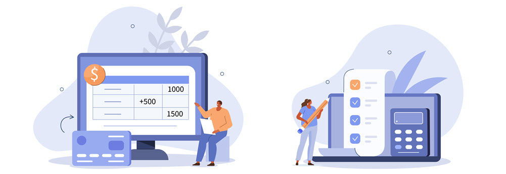 Small business owners calculating taxes.