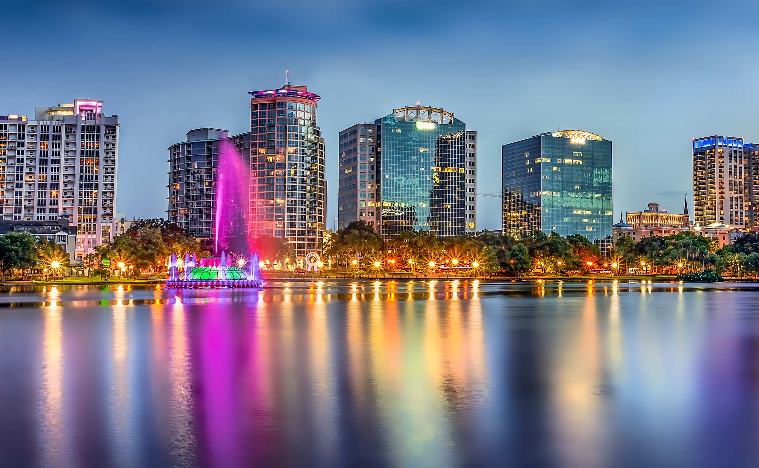 Orlando cityscape reflected on water