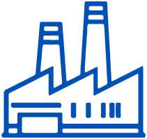 A blue icon of a manufacturing facility.