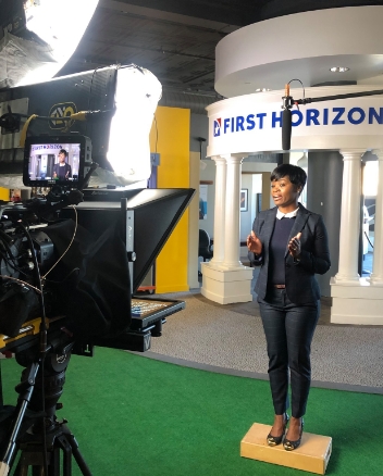 First Horizon's Tanya Hart records for the First Horizon camera